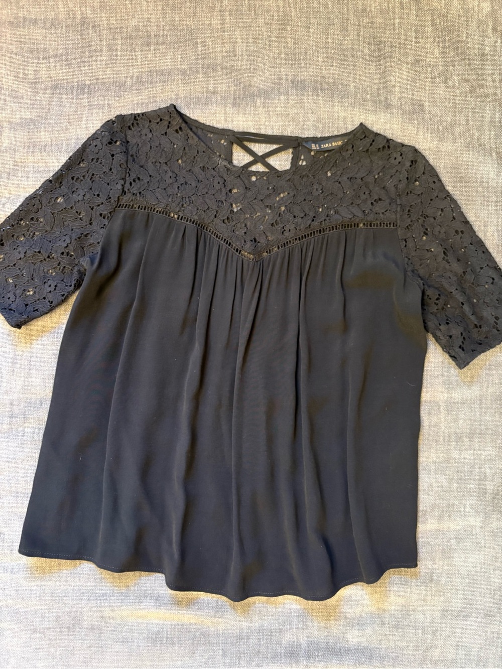 Zara Black Lace - Criss-cross Back Short Sleeve Blouse